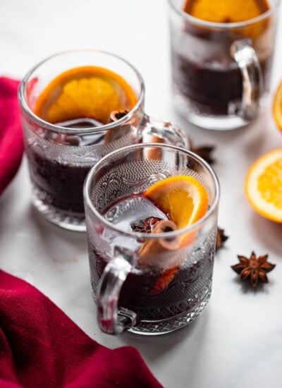 mulled wine in glass mugs.