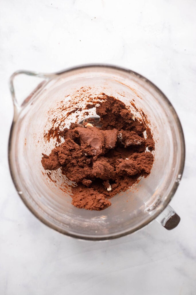 chocolate cookie dough in mixing bowl.