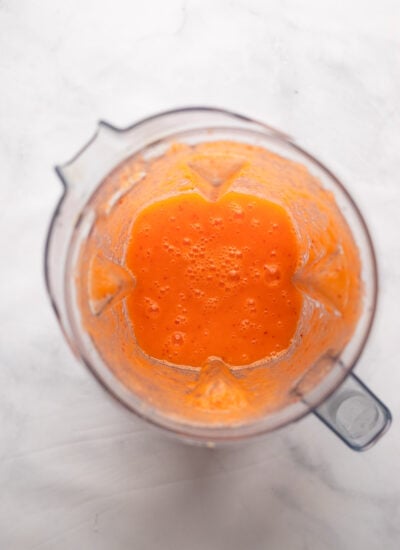 pureed carrot juice in blender pitcher.