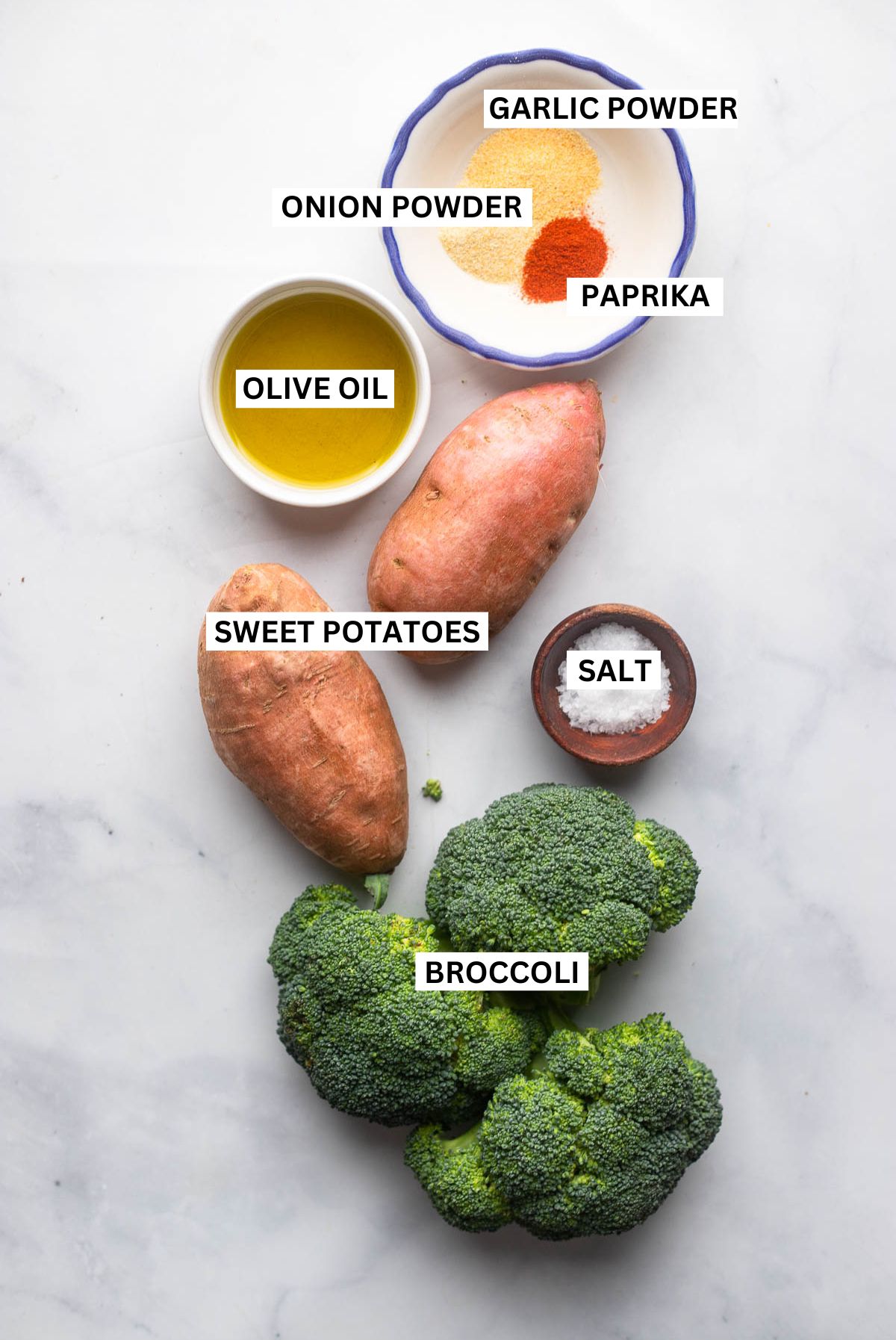 roasted broccoli and sweet potato ingredients in bowls with labels.
