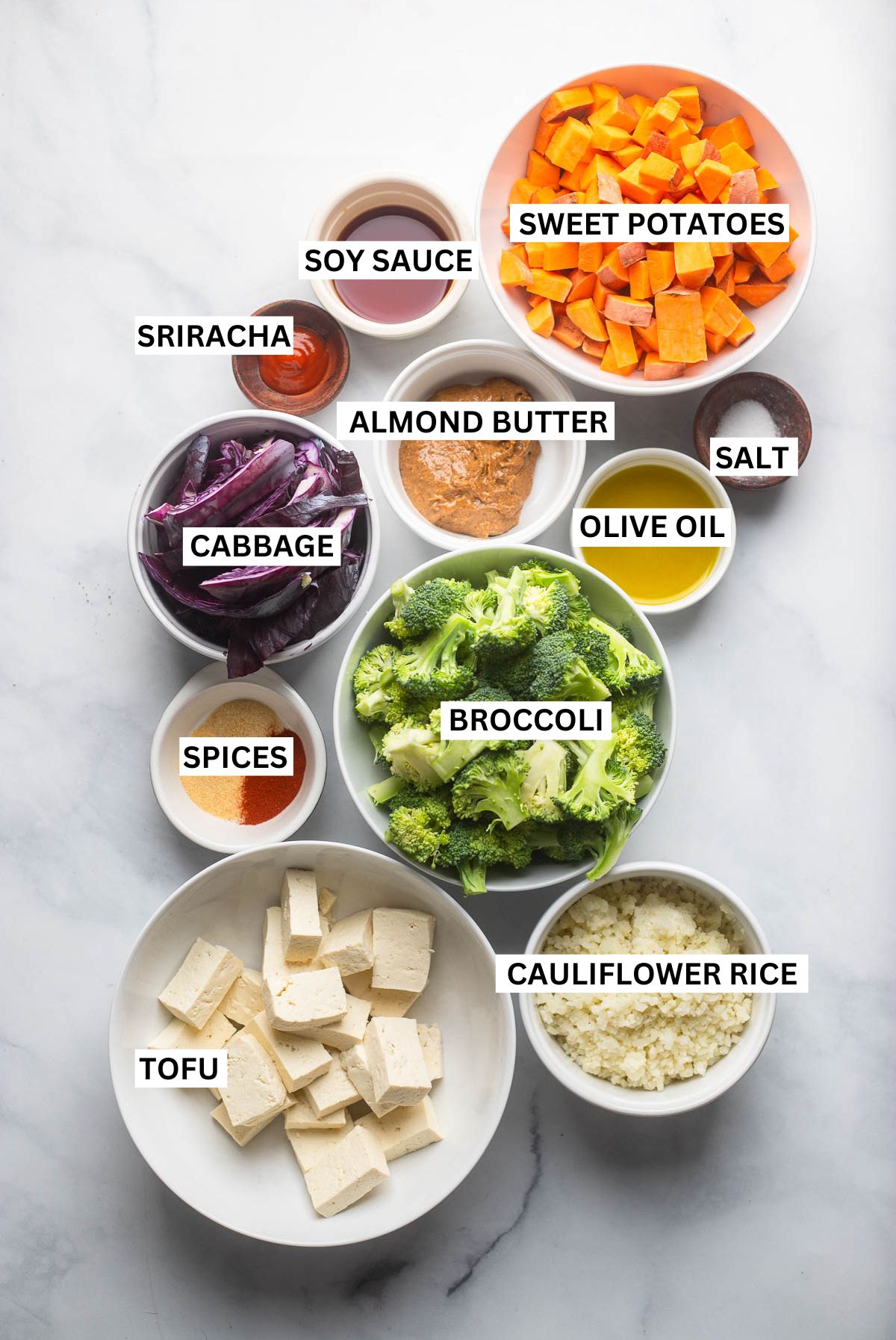 tofu power bowl ingredients in small bowls with labels. 