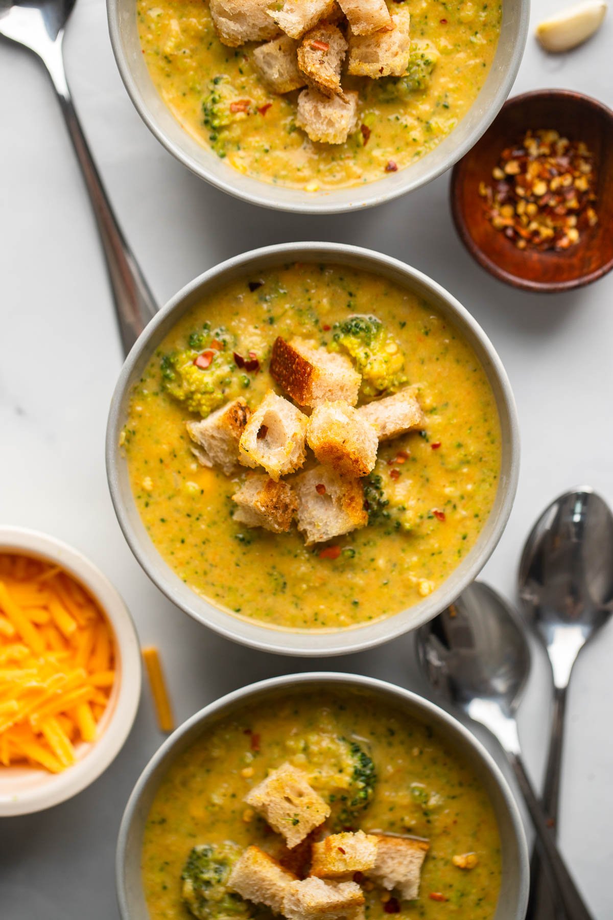 vegan broccoli cheddar soup topped with homemade croutons.