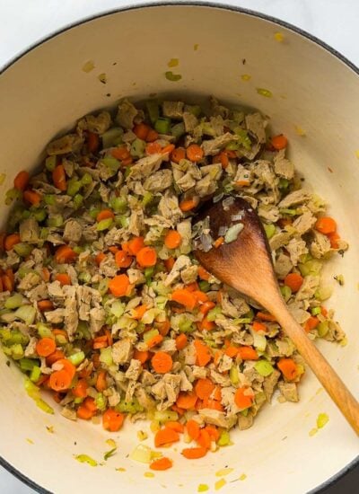 sautéed vegetables with the vegan chicken and herbs added.