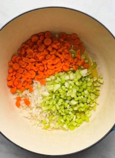 chopped carrots, onion, and celery in dutch oven with olive oil. 