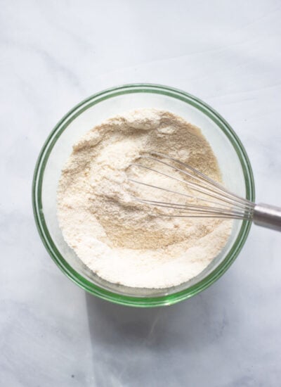 dry lemon loaf ingredients in mixing bowl with whisk.