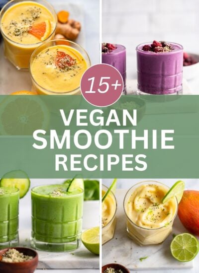 vegan smoothie collage with 4 images of smoothies in glasses.