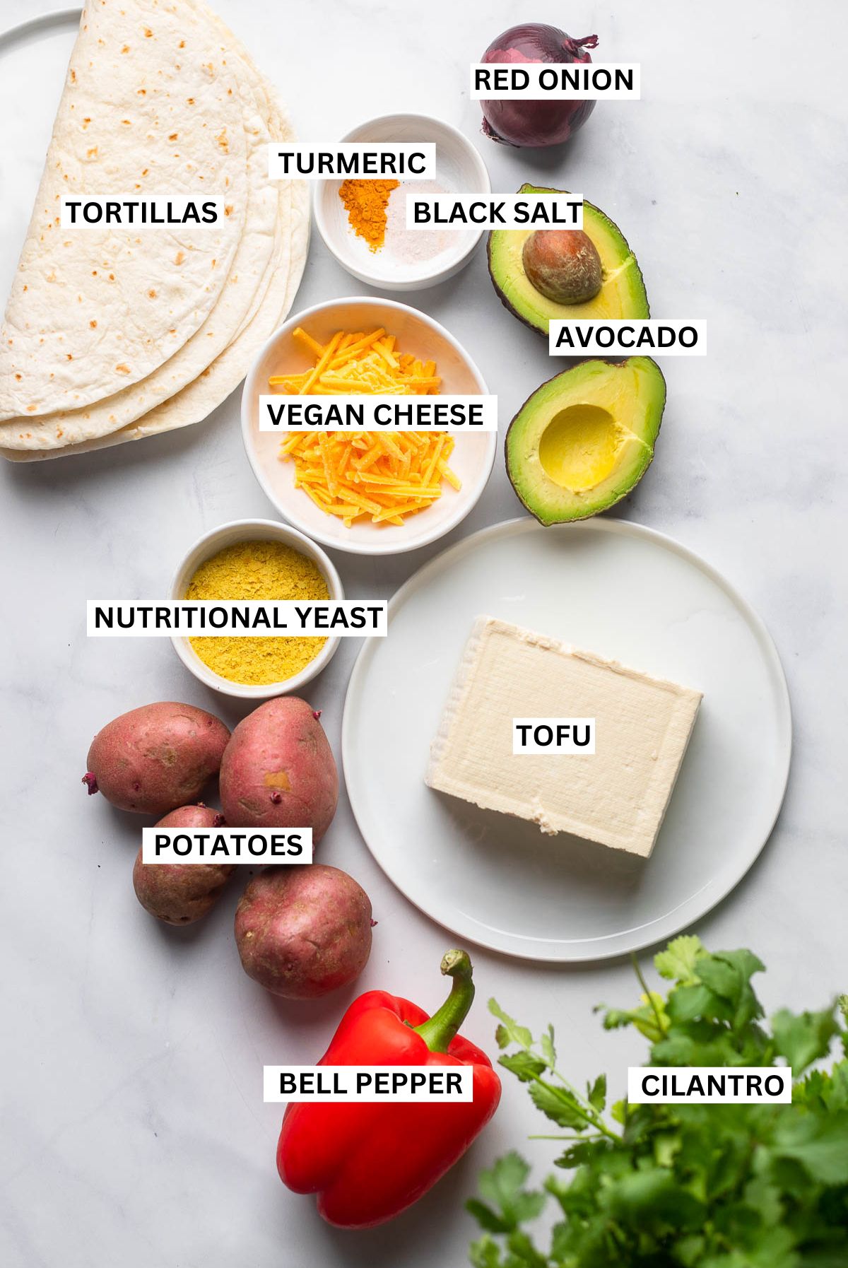 Vegan breakfast burrito ingredients on white background with text labels. 