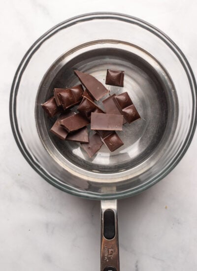chocolate pieces in double boiler before melting. 