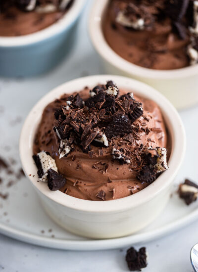 chocolate tofu mousse with crumbled chocolate cookies on top.