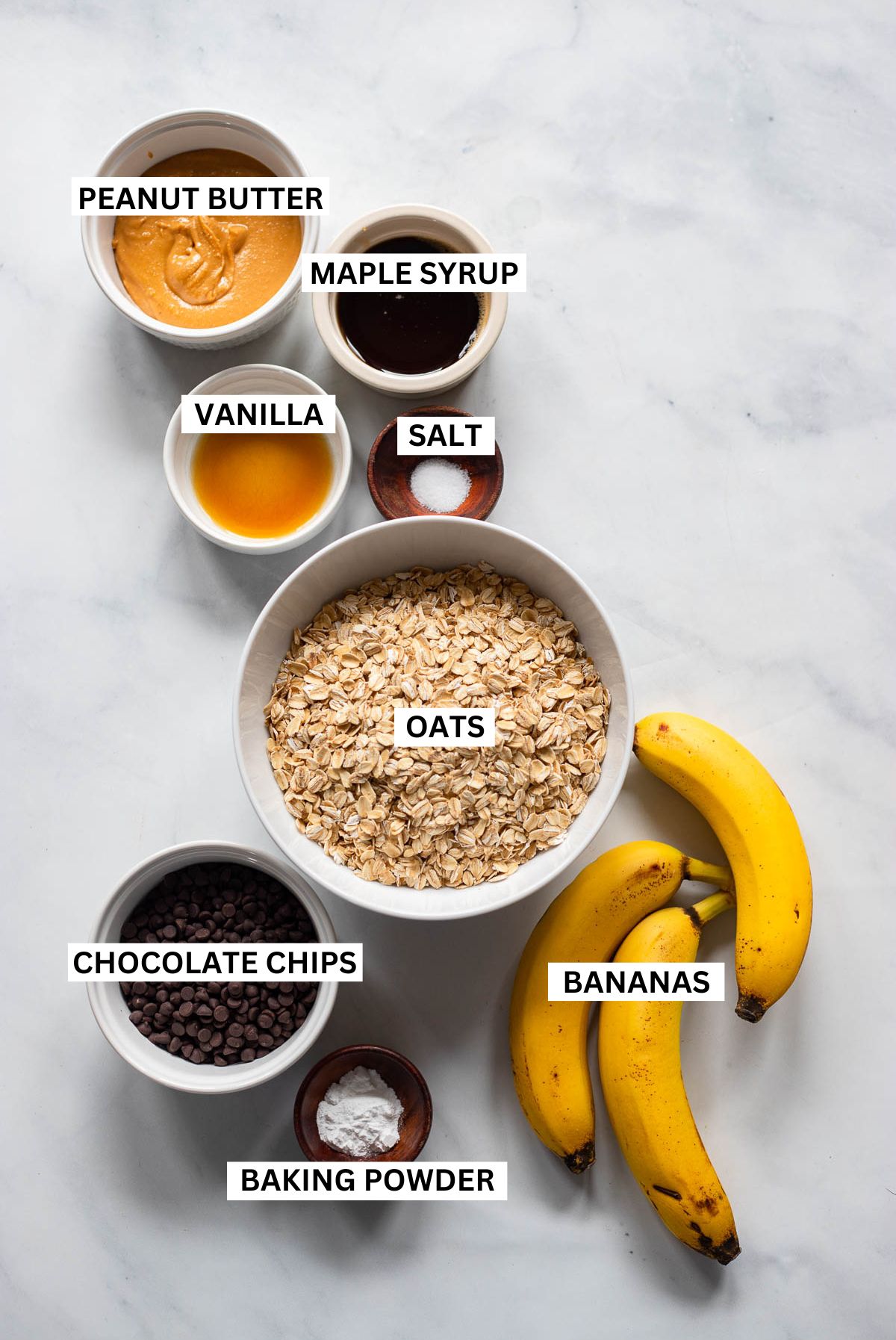 peanut butter banana oatmeal bar ingredients with text overlays on a white background.