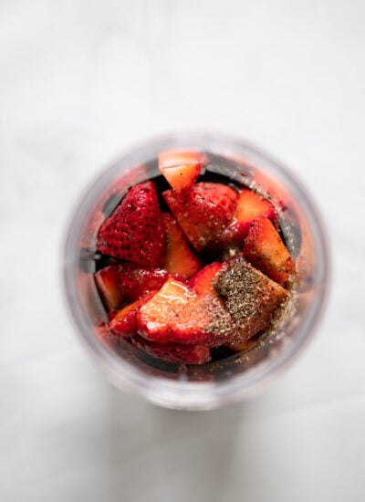 strawberries, balsamic vinegar, salt, pepper in a blender cup before pureeing. 