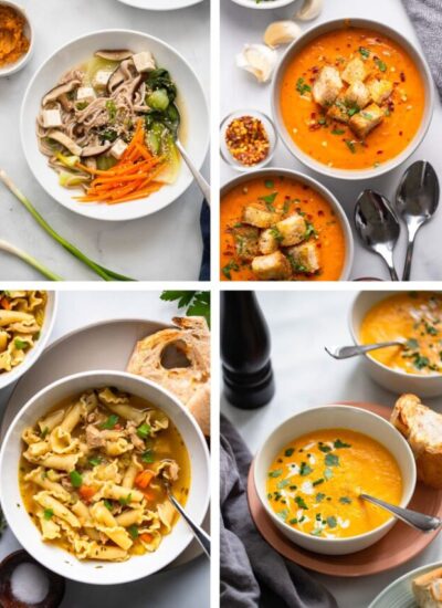 collage of vegan soup recipes with four images of soup.