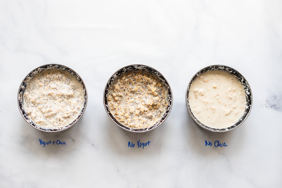 overnight oat mixture 3 different bowls to compare the texture when different ingredients are included.