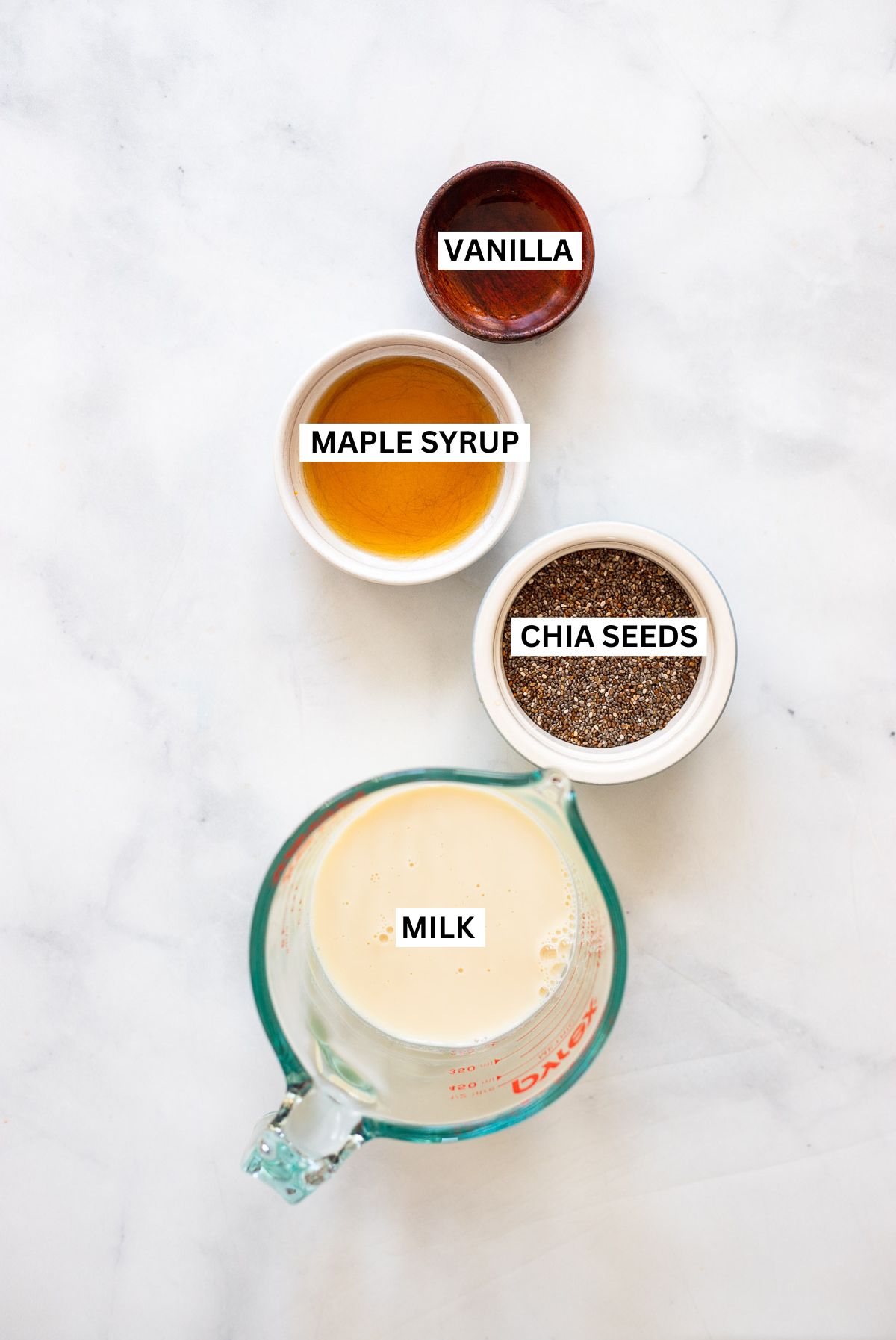 vanilla chia seed pudding ingredients in small dishes on a white background with text labels.