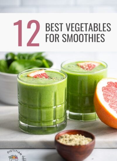 green smoothie in a glass with text overlay that says 12 best vegetables for smoothies.