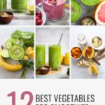 collage of 6 images of smoothies with text that says 12 best vegetables for smoothies.
