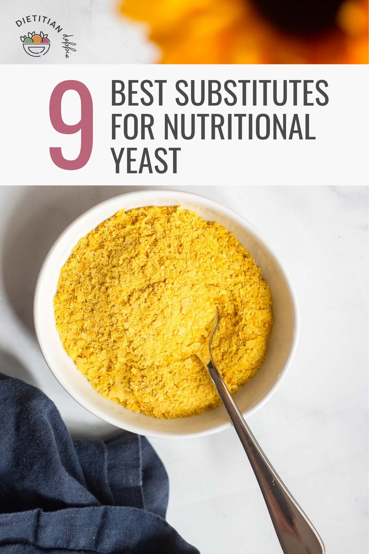 nutritional yeast in a small white dish with text overlay that says 9 best substitutes for nutritional yeast. 