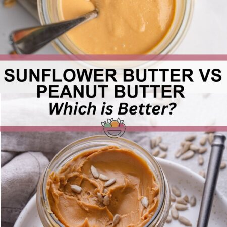 collage of 2 images a jar of peanut butter and a jar of sunflower butter.