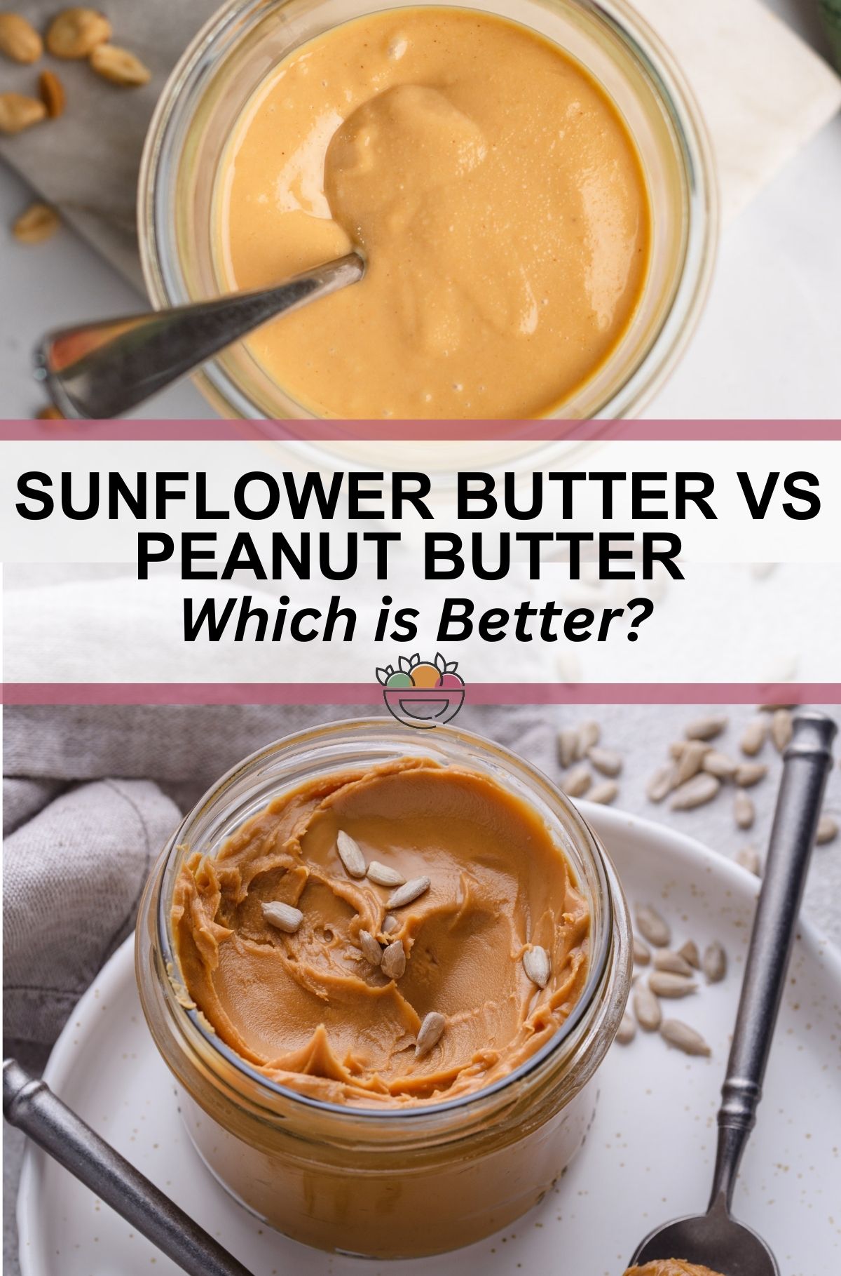 collage with image of peanut butter on top, sunflower butter on bottom.