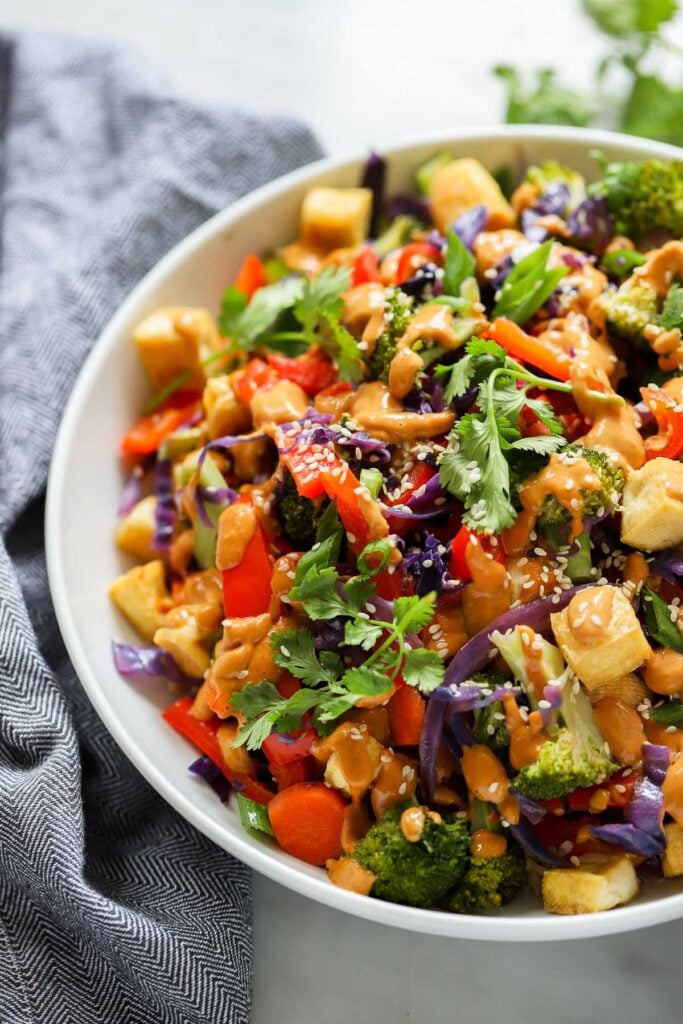 Tofu Stir Fry with Peanut Sauce | Dietitian Debbie Dishes