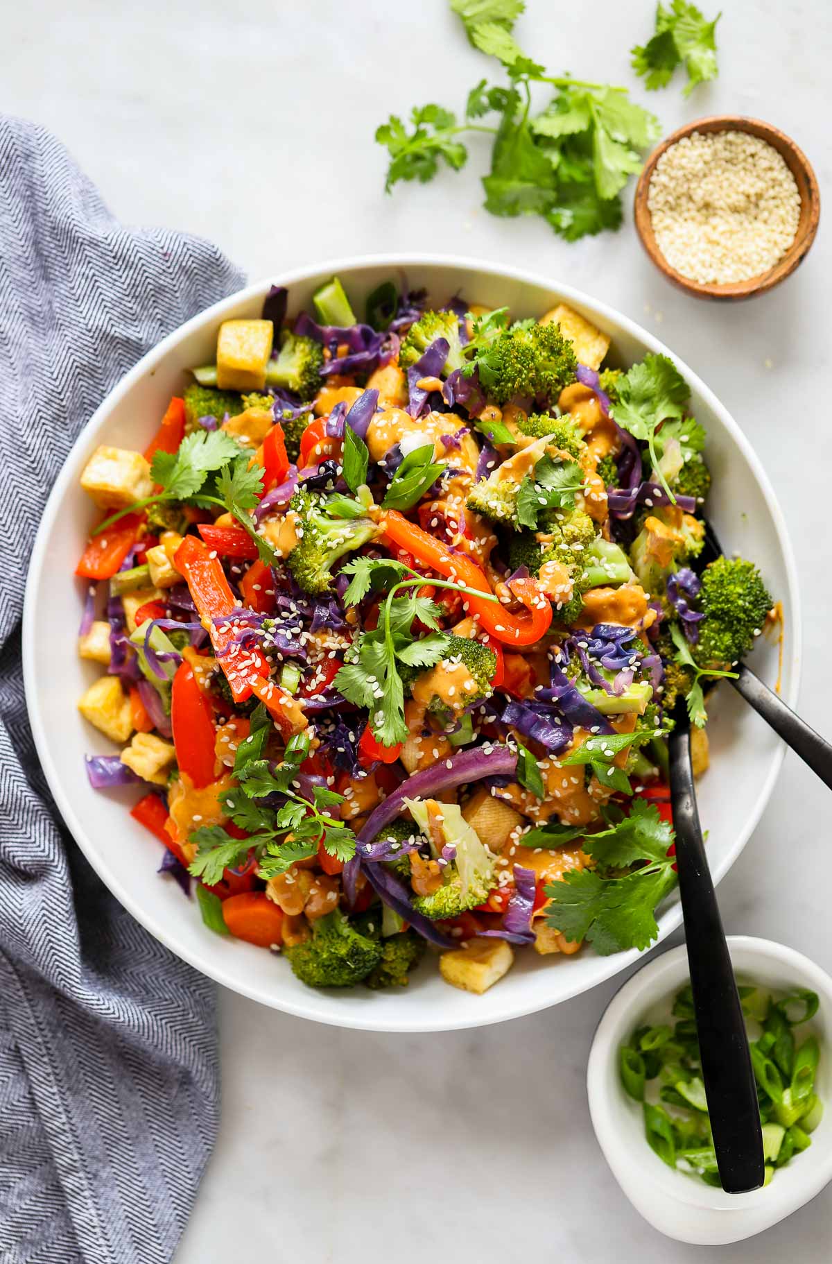 tofu stir fry with peanut sauce in a large bowl garnished with fresh cilantro and sesame seeds. 