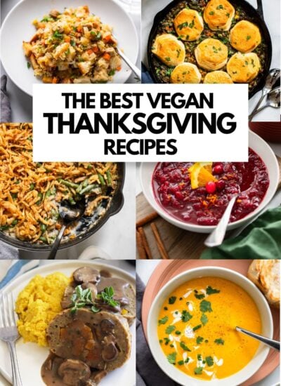 collage of 6 vegan thanksgiving dishes.