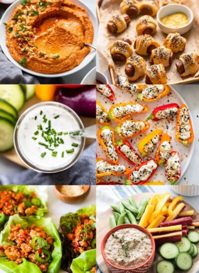 collage of 6 images of vegan appetizers.