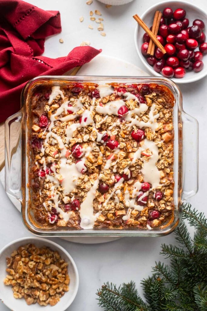 baked cranberry oatmeal in a square baking dish.