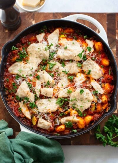 easy gnocchi skillet topped with chopped parsley.