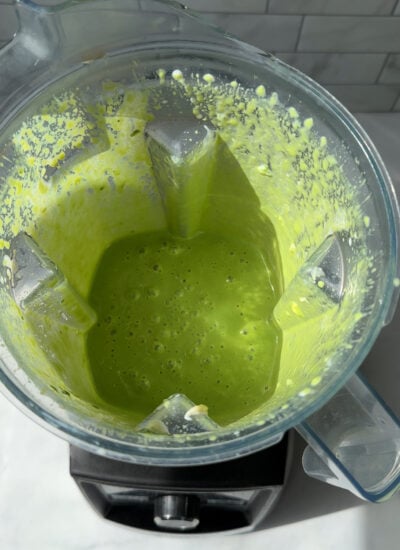 mint smoothie in the blender after pureeing. 
