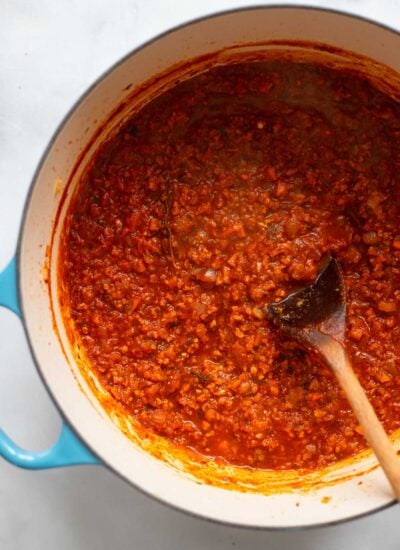cooked vegetarian bolognese sauce in a large dutch oven. 