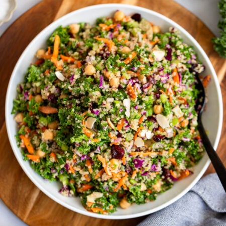 quinoa and celery salad in a large white bowl