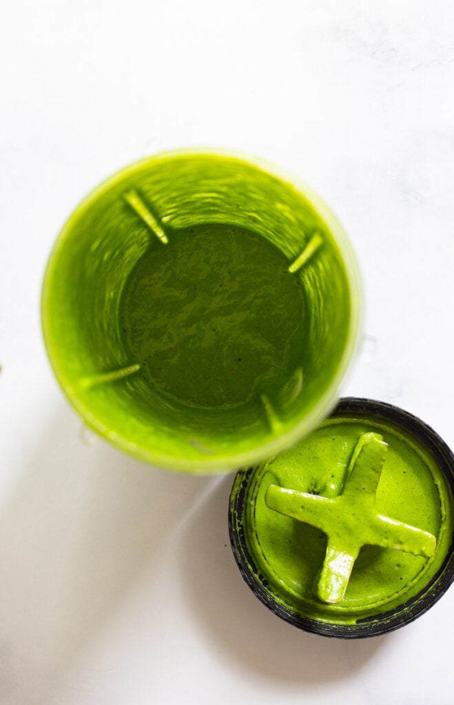 pureed green goddess dressing in a smoothie cup