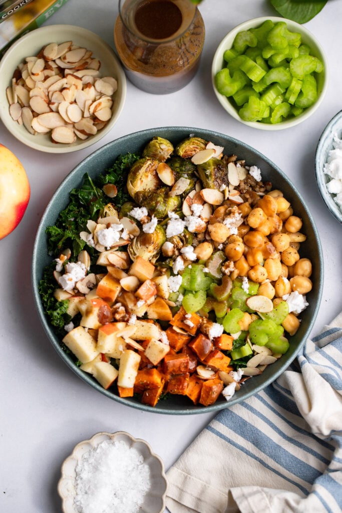 fall harvest bowl with chickpeas, roasted vegetables, and celery