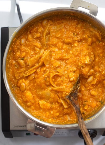 pumpkin lasagna skillet ingredients stirred together in a skillet