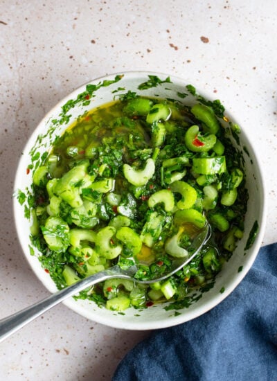 celery chimichurri in a bowl with a spoon