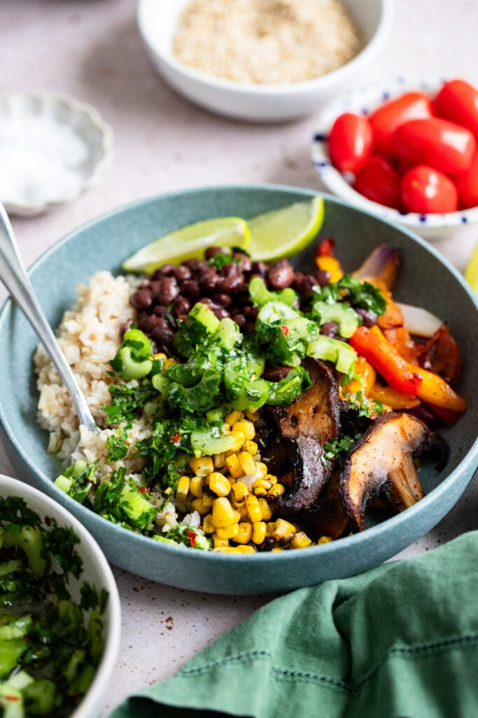 mushroom fajita bowls with chimichurri