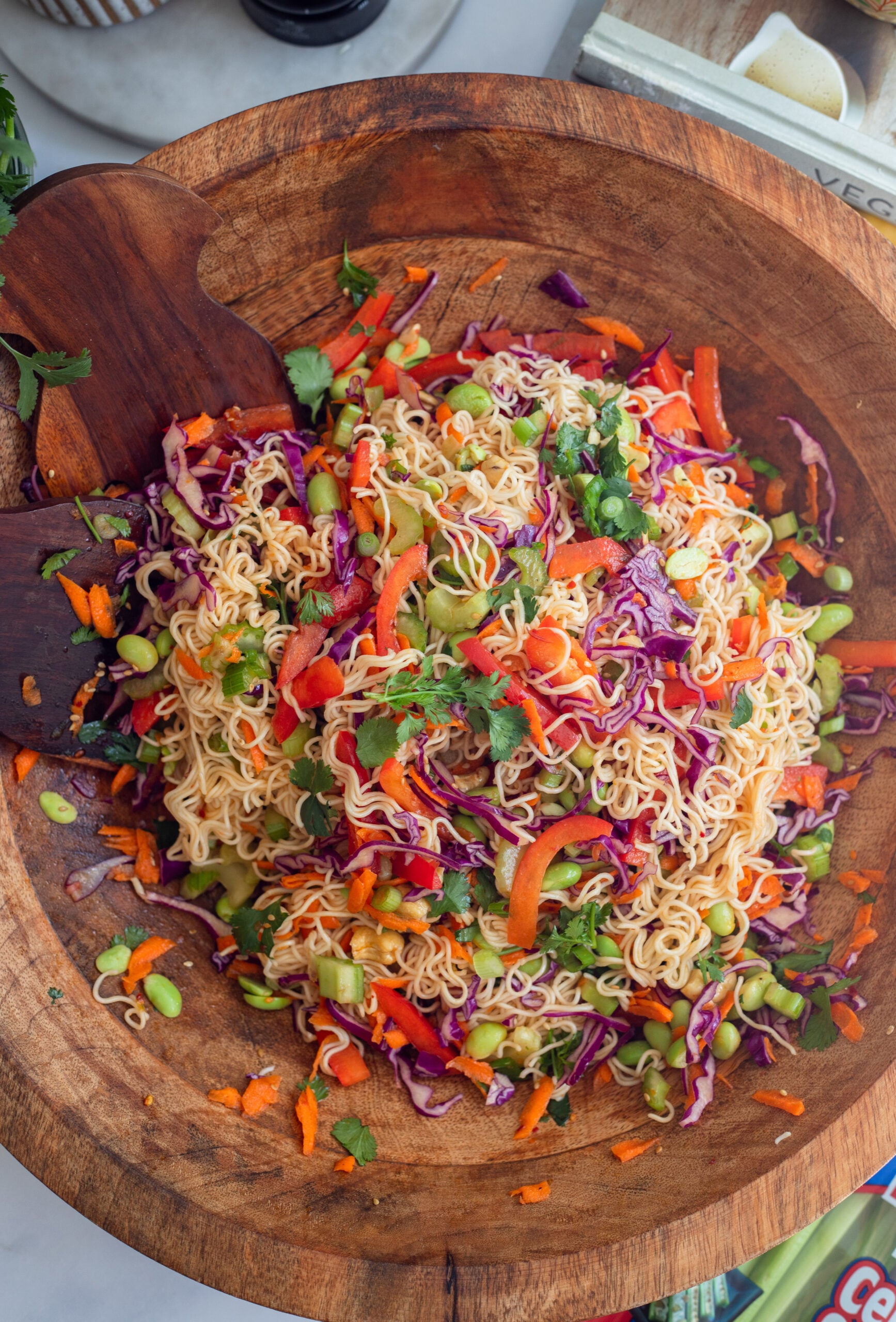 cold ramen noodle salad in a large serving bowl