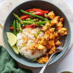 sticky tofu bowl with rice and stir fried veggies
