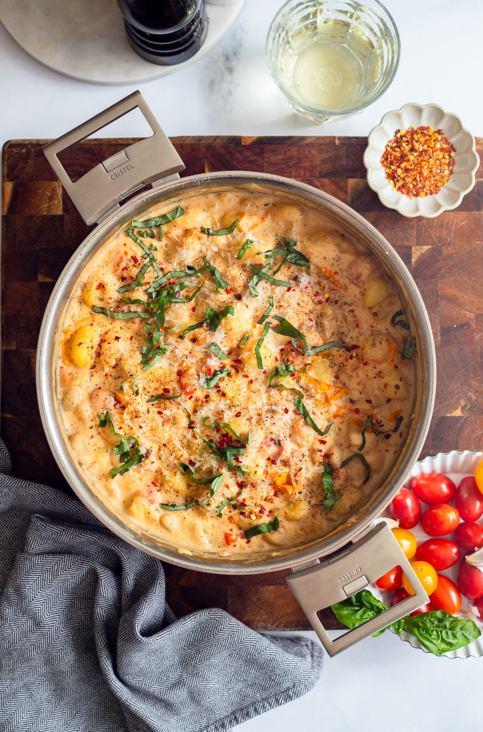 creamy tomato gnocchi in a skillet