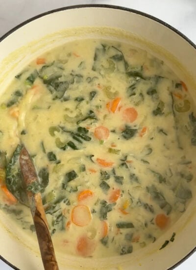 finished lemon chickpea orzo soup in a large pot